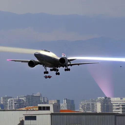 Image similar to giant laser aiming at a airplane