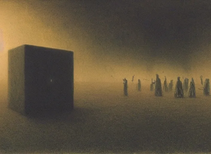 Prompt: people worshipping a black cube by beksinski