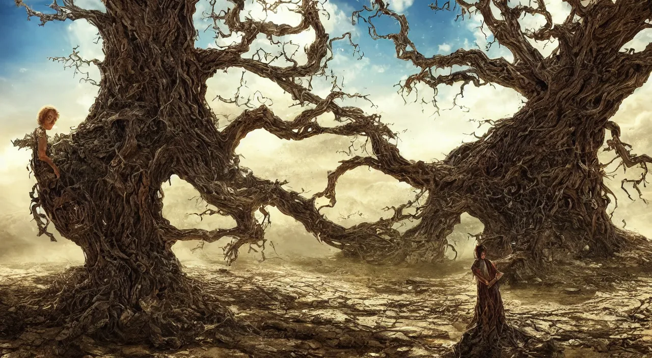 Image similar to Tree-like giant 65-year-old giant Gaia Goddess shedding one emotionless tear as she sits on a dried up river in a desolate land, blue sky, hot and sunny, highly-detailed, elegant, dramatic lighting, artstation, 4k, cinematic landscape