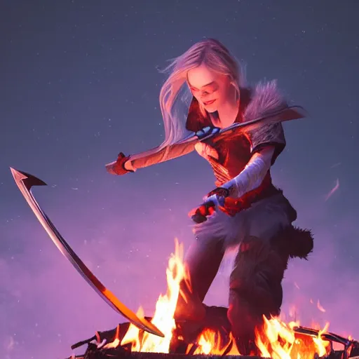 Image similar to An epic fantasy comic book style portrait painting of Elle Fanning sharpening a sword over a campfire, unreal 5, DAZ, hyperrealistic, octane render, cosplay, RPG portrait, dynamic lighting