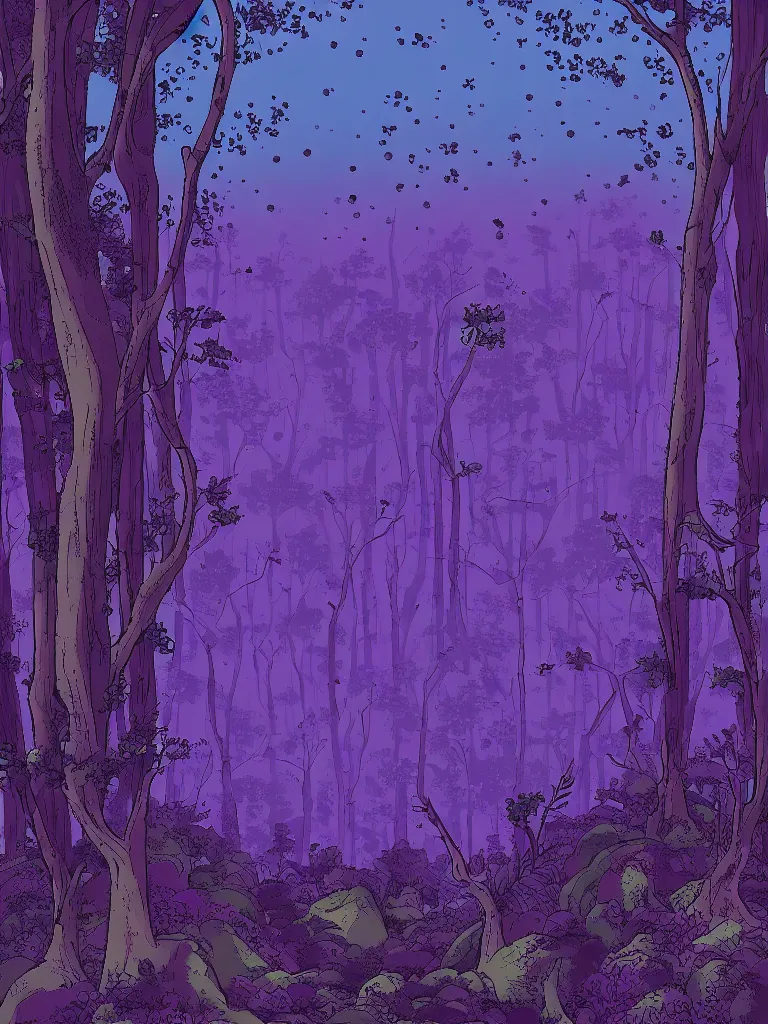 Prompt: a digital art of a close up view of a forest, fireflies flying around, purple color scheme, by laurie greasley, artstation, studio ghibli color scheme