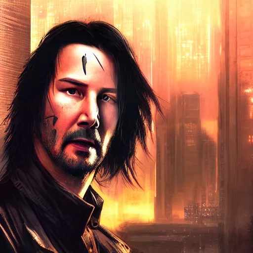 Image similar to cyberpunk, closeup portrait of a keanu reeves, dramatic light, city background, sunset, dystopian setting, high contrast, sharp, neuromancer, henry dorsett case, painted by stanley lau, painted by greg rutkowski, painted by stanley artgerm, digital art, trending on artstation