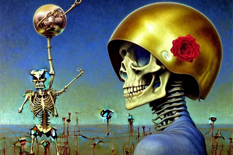 Image similar to realistic detailed portrait painting of a kid with a skeleton with a single rose wearing sci-fi helmet in a dystopian landscape by Jean Delville, Amano, Yves Tanguy, Alphonse Mucha, Ernst Haeckel, Edward Robert Hughes, Roger Dean, cinematic composition, dramatic pose, masterpiece, rich moody colours, blue eyes, 4k details