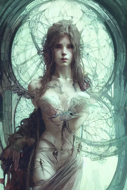 Prompt: beautiful pale cyberpunk gothic maiden, master drawing, intricate, elegant, highly detailed, digital painting, artstation, concept art, smooth, sharp focus, illustration, art alphonse mucha and james gurney and craig mullins and wlop