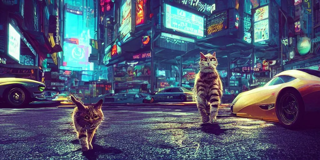 Prompt: “beautiful up close photo of a cat walking in the streets of night city’s corpo plaza, cyberpunk 2077”