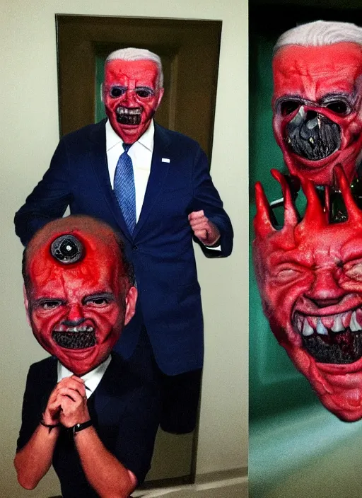 Prompt: hyper realistic ultra realistic terror photo Doom horror furious glowing red eyes biden