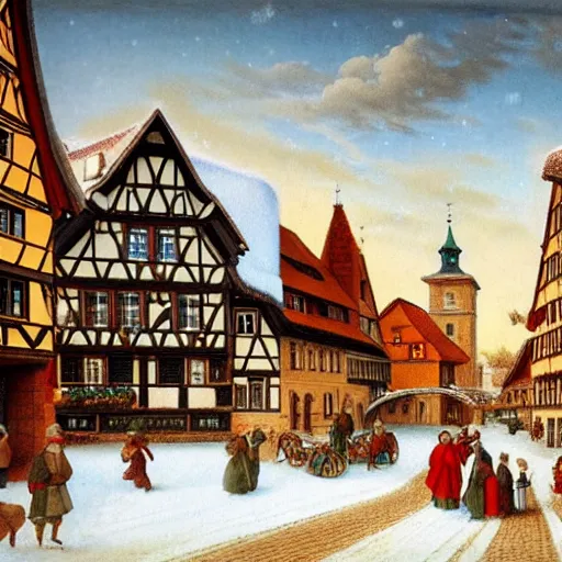 Prompt: A renaissance german town during winter. Afternoon. highly detailed