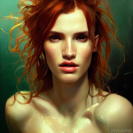 Image similar to full figure bella thorne, hyperrealistic portrait, bladerunner street, art of elysium and jeremy mann and alphonse mucha, fantasy art, photo realistic, dynamic lighting, artstation, poster, volumetric lighting, very detailed face, 4 k, award winning