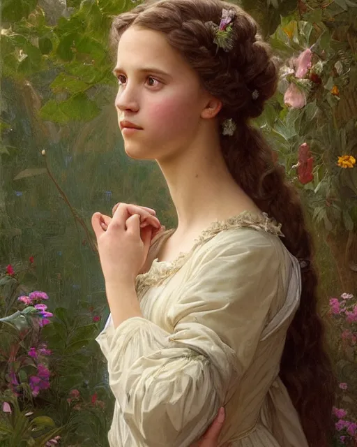 Image similar to a portrait painting of a shy, blushing 1 6 - year old alicia vikander or millie bobby brown as a princess in her garden, hair fanned around, intricate, elegant, highly detailed, artstation, concept art, by krenz cushart and donato giancola and william adolph bouguereau and alphonse mucha