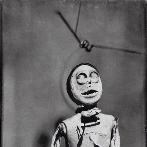 Image similar to creepy marionette puppet, clockwork horror, pediophobia, lost photograph, forgotten, final photo found before disaster, polaroid,