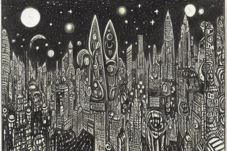 Image similar to a scifi illustration, Night City on Geidi Prime by Louis Wain (1920)