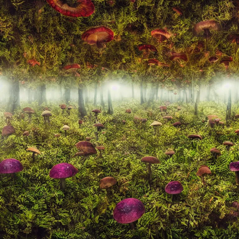 Image similar to a planet of various fungus, mushrooms, flowers and plants, inside the picture is infinity, Atmospheric, artistic photography, conceptual, long exposure outside the city, volumetric light