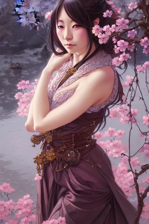 Image similar to Portrait of japanese gyaru, D&D, dark fantasy, sakura blooming on background, intricate, elegant, highly detailed, digital painting, artstation, concept art, smooth, sharp focus, illustration, art by artgerm and greg rutkowski and alphonse mucha