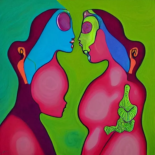 Prompt: expressive painting by francesca sundsten of two bizarre psychedelic femme creatures kissing each other closeup. they are growing out of an alien landscape. speculative evolution, exobiology