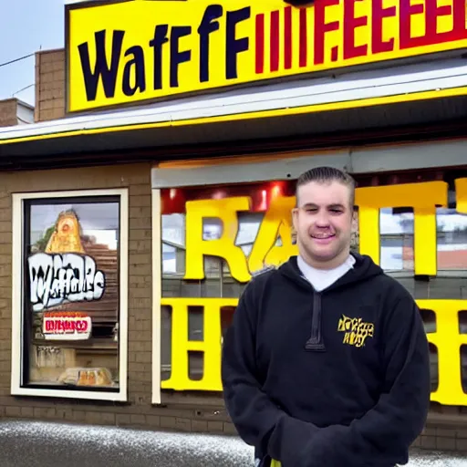 Image similar to wafflehouse employee's standing below wafflehouse sign