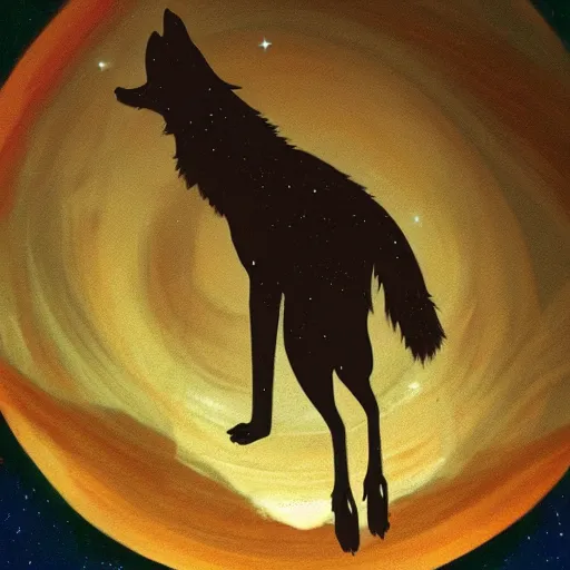 Image similar to a close up of a wolf howling at the night sky with the planet Saturn, dark Sci Fi, stylized, painting by Norman Rockwell, trending on artstation