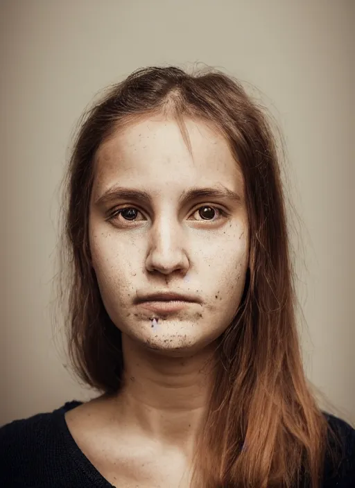 Prompt: portrait of a 2 3 year old woman, symmetrical face, dirty face, she has the beautiful calm face of her mother, slightly smiling, ambient light