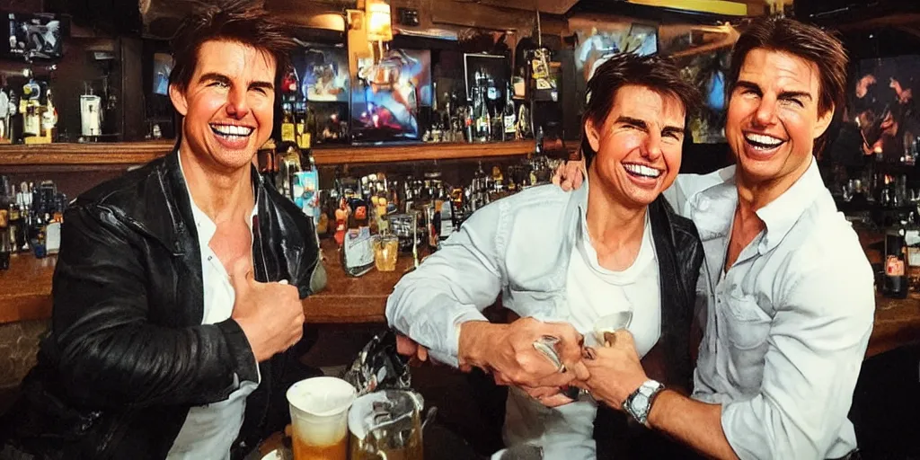 Image similar to hyper realistic tom cruise hanging out with tom cruise at a bar, all overly excited, jaw unhinged with laughter and smiling, all teeth, by greg rutkowski, scott m fischer, artgerm, loish, slight glow, atmospheric, anne stokes, alexandros pyromallis