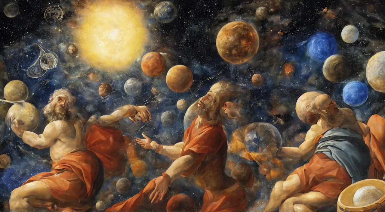 Image similar to Michal Angelo painting of god putting away planets and stars in a bucket. 8k resolution, mural.