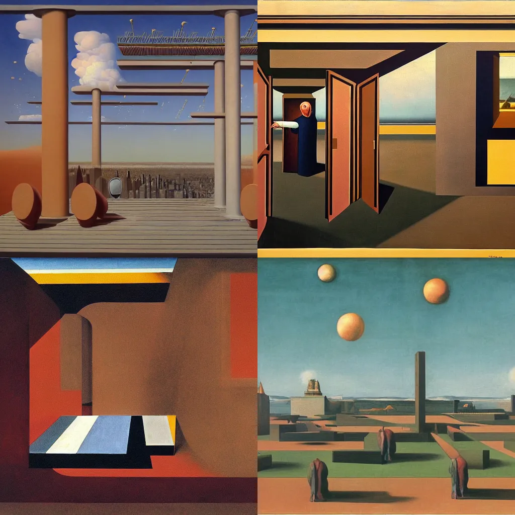 Prompt: painting of the philosophical problem of free will, in hybrid style of de chirico and magritte