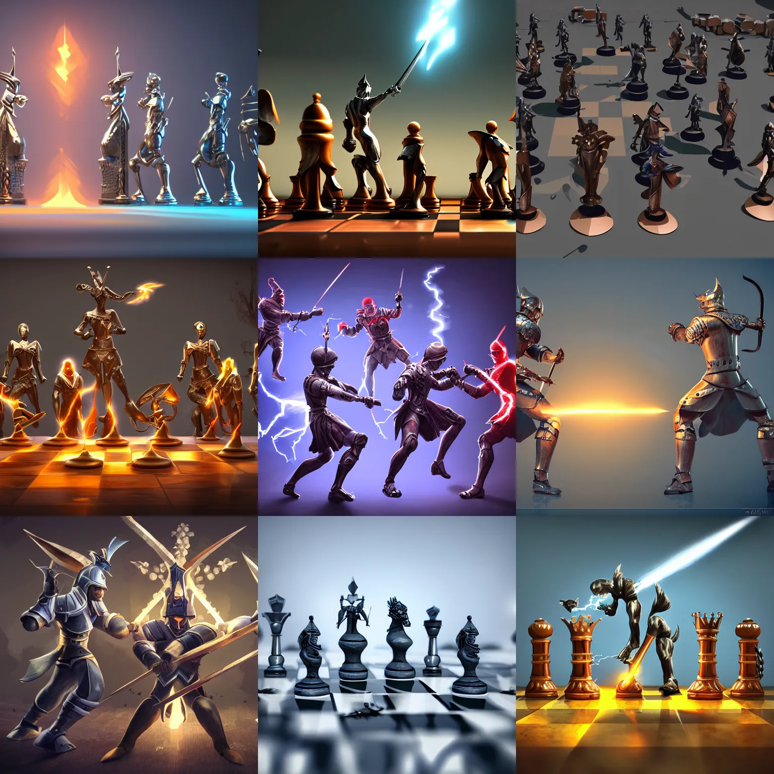 Prompt: digital illustration of humanoid chess pieces fighting with swords and weapons, hd, art station, 4k, uhd, unreal engine 5, cinematic lightning