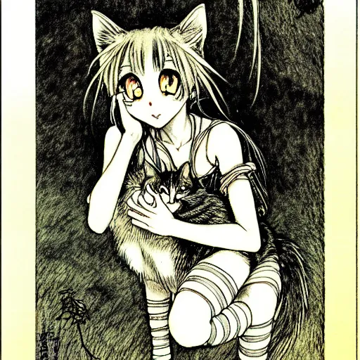 Prompt: photo of a cute young anime-style cat-girl in the style of Arthur Rackham, realistic, wide focus, 8k ultra, insanely detailed, intricate, elegant, art by Laurie Lipton