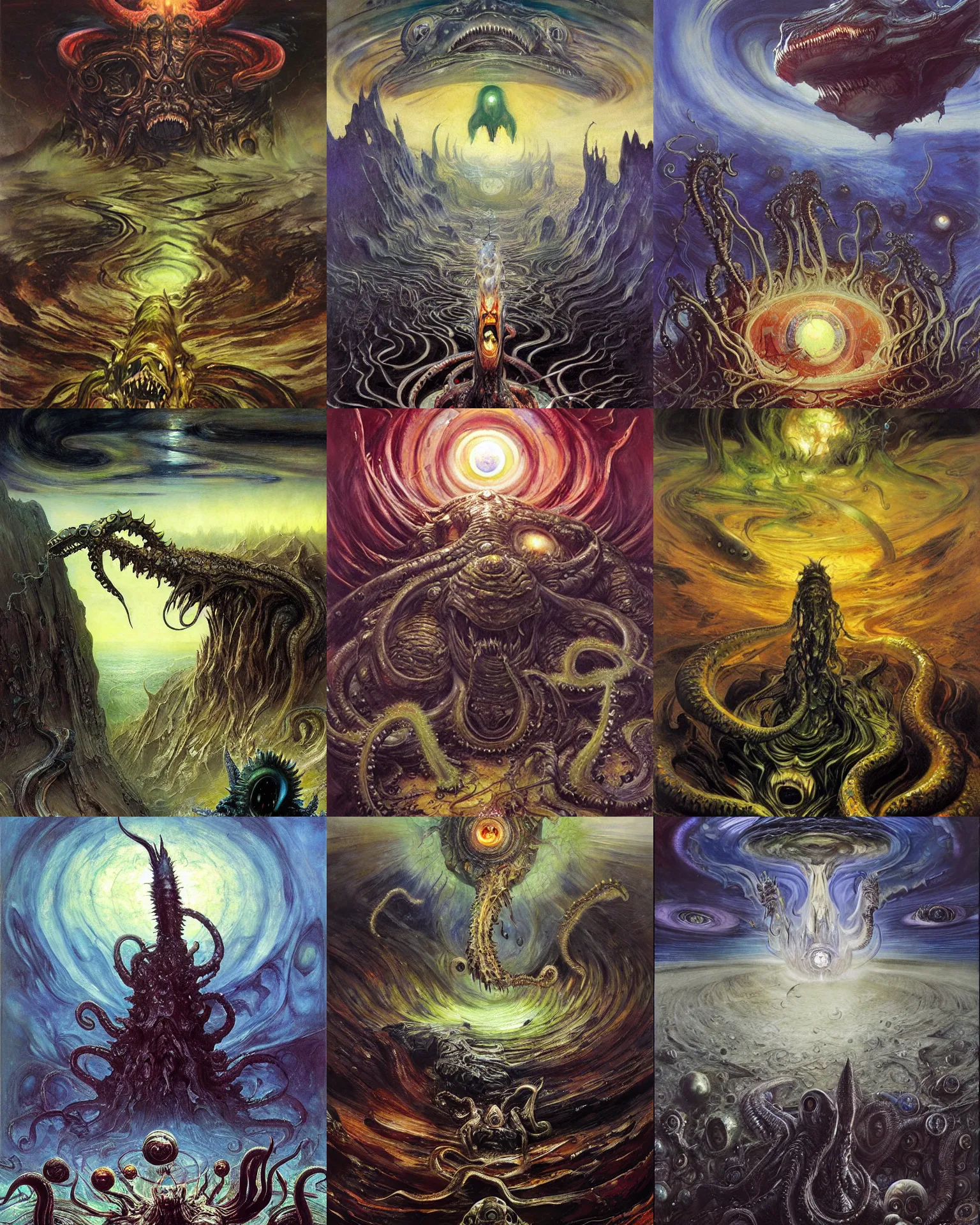 Prompt: otherworldly massive cthulu god rising over a grim obsidian landscape made of eye balls, painting by donato giancola, john berkey, edvard munch, dore, thomas moran, jackson pollock, hp lovecraft, terror infinite eyes horror shark spider tentacle insect alien madness and insanity