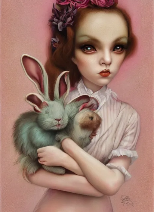 Image similar to pop surrealism, lowbrow art, realistic cute alice girl painting, holding a bunny, hyper realism, muted colours, rococo, natalie shau, loreta lux, tom bagshaw, mark ryden, trevor brown style,