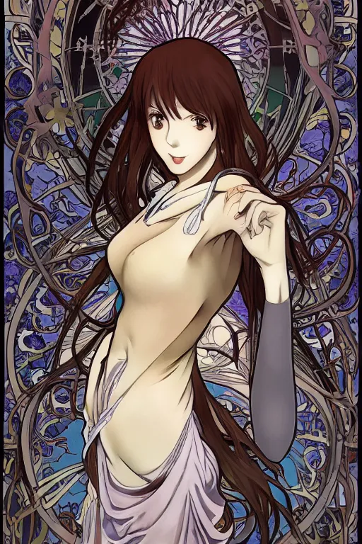 Image similar to Smiling Kurisu Makise tonemapped in the style of Ayami Kojima and Alphonse Mucha