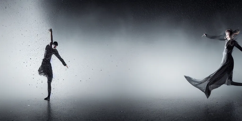 Image similar to slow motion with trail effect of futuristic break dancer wearing floating long dress, long exposure shot , at night in the middle of a rainy street, paddle of water, steam, fog, water splashes, rim lights, glossy reflections, water droplets on lens, octane render, dark and dramatic, explosion in the background, detailed and soft, fisheye