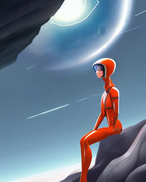 Image similar to concept art of a beautiful sleek futursitic astronaut, she is sitting in the edge of an alien cliff overlooking an alien landscape | | epic - fine - clean, polished, trending on artstation, anime style, brush strokes