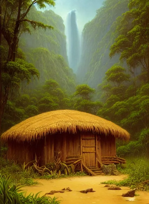 Prompt: a beautiful painting of a small and simple indigenous hut lost deep in the amazon jungle near a river, matte painting, art by christophe vacher