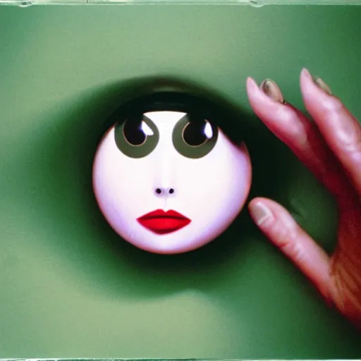 Image similar to glamorous woman with an inflatable spherical prosthetic nose, cardboard googly eyes, 1 9 7 5, color, tarkovsky, medium - shot 1 6 mm film, in meadow