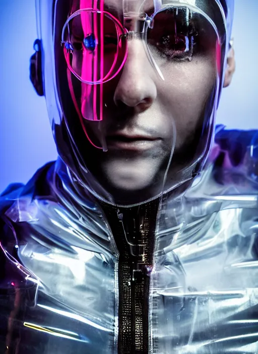 Image similar to a close-up of cyberpunk model man with black eyes and visible face wearing latex catsuit and lots of transparent and cellophane accessories, blue hour, twilight, cool, portrait, Kodachrome, ISO1200,