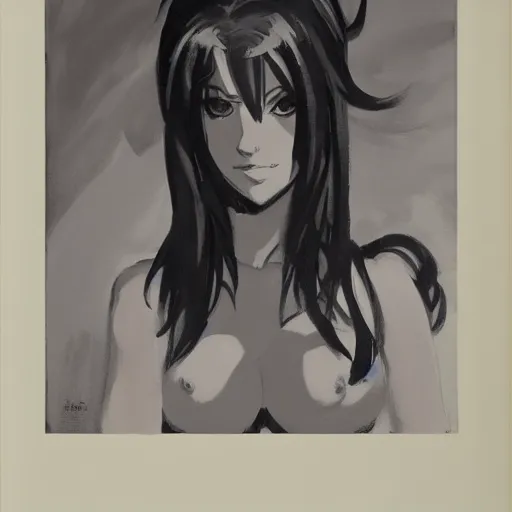Prompt: greg manchess painting of an anime woman, direct flash photography at night, film grain, black and white
