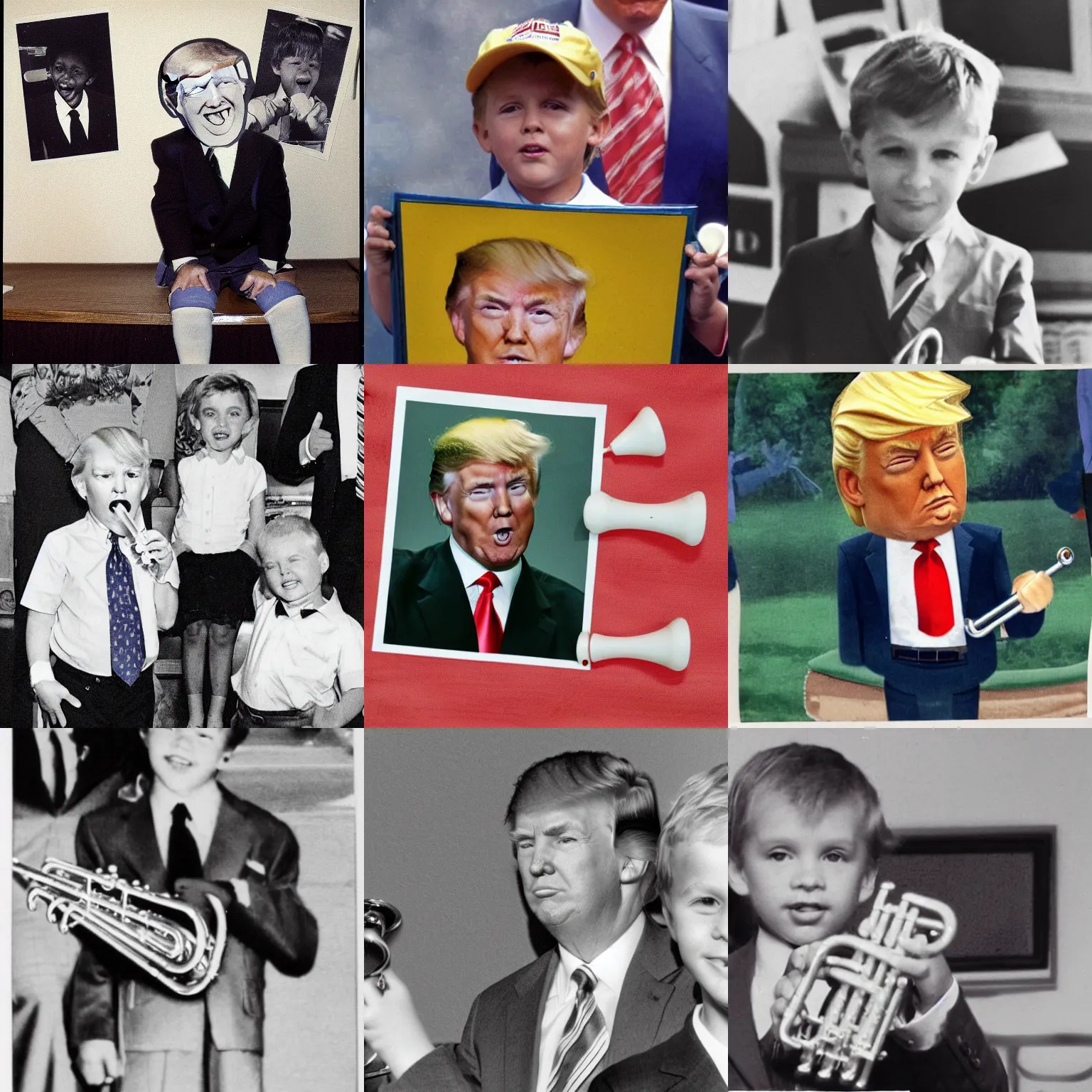 Prompt: donald trump, my first trumpet, in kindergarten