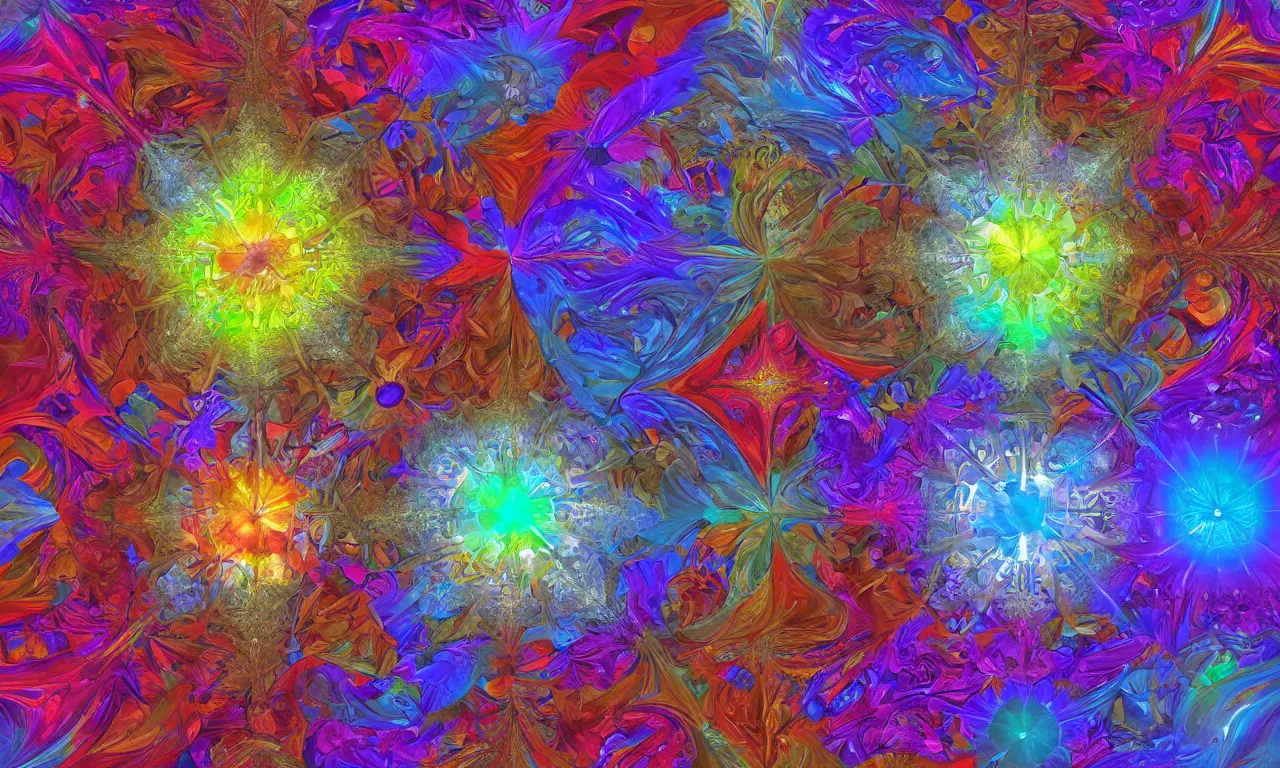 Image similar to voronoi engine laboratory 3 d volume kaleidoscope mandala fractal chakra digital multicolor stylized concept substance by artgerm, rossdraws, norman rockwell, magali villeneuve, gil elvgren, alberto vargas, earl moran, enoch bolles radiating a glowing aura global illumination ray tracing hdr