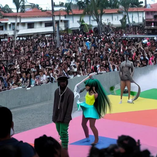 Image similar to Kanye west and Hatsune Miku performing at plaza de bolivar in armenia quindio while raining