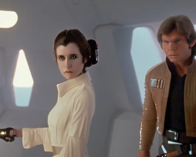 Image similar to screenshot of Han Solo standing next to Princess Leia Organa kiss, alone, pensive, iconic scene from 1970s Star Wars film directed by Stanley Kubrick, in a sci fi nursing home architecture, last jedi, 4k HD sharp, cinematic still frame, photoreal, detailed face, moody lighting, stunning cinematography, anamorphic lenses, kodak color film stock