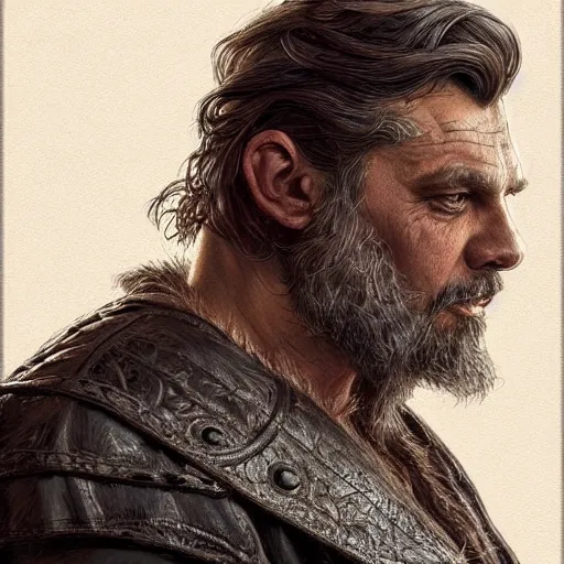 Image similar to portrait of a ruggedly handsome viktor orban, soft hair, muscular, half body, leather, hairy, d & d, fantasy, intricate, elegant, highly detailed, digital painting, artstation, concept art, smooth, sharp focus, illustration, art by artgerm and greg rutkowski and alphonse mucha