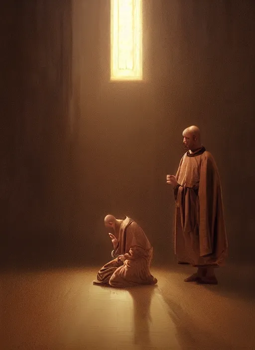 Image similar to oil painting portrait of a weeping sobbing tonsured dominican monk in a brown habit, kneeling in a moonlit empty chapel at night, hazy, digital art, artstation, cinematic, moonlight, digital art painting by greg rutkowski, hazy atmosphere, candles, cinematic lighting