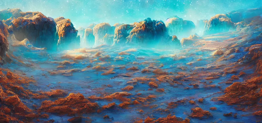 Image similar to a sparkling blue desert with streams of coloured sand glittering with alien rock formations, artstation 3 d, oil painting, vast, epic composistion