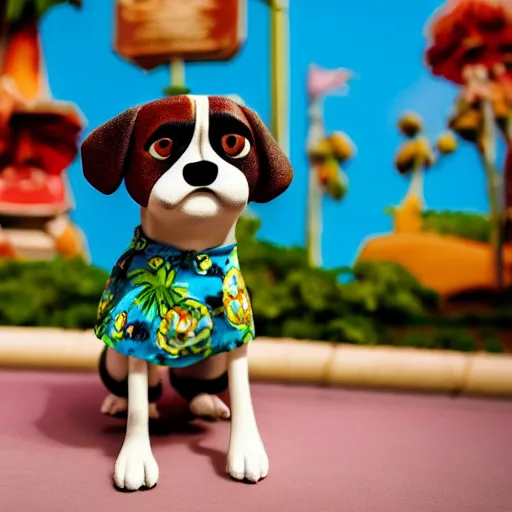 Image similar to a volatile pugalier wearing a hawaiian shirt, living in the city, disney character, cartoonish, claymation, photo by wes anderson