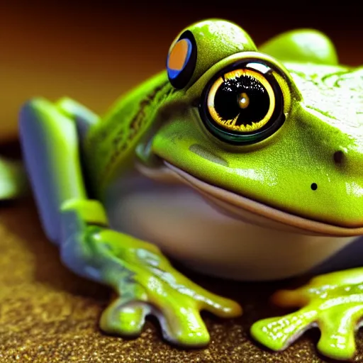Image similar to a frog working as a software developer in an office, 8k, hyper realistic, render