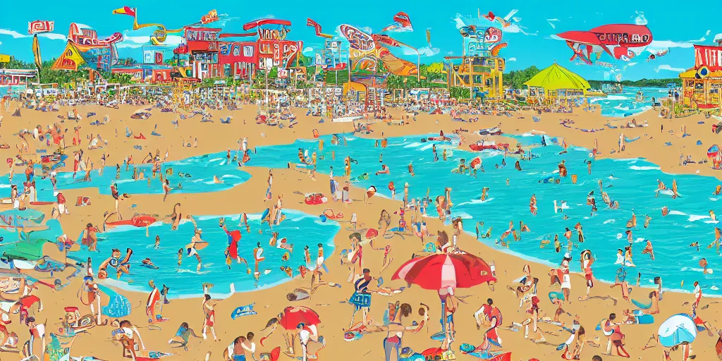 Prompt: a full page spread from the where's waldo at the beach book, high detail illustration, coherent