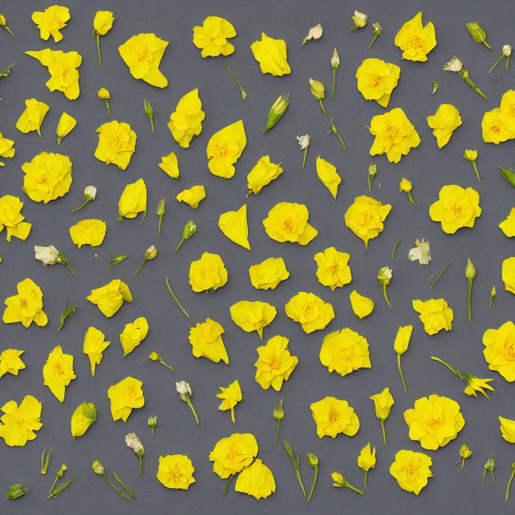 Prompt: various kinds of separate yellow flower petals, botanical illustration, white background, 8 k