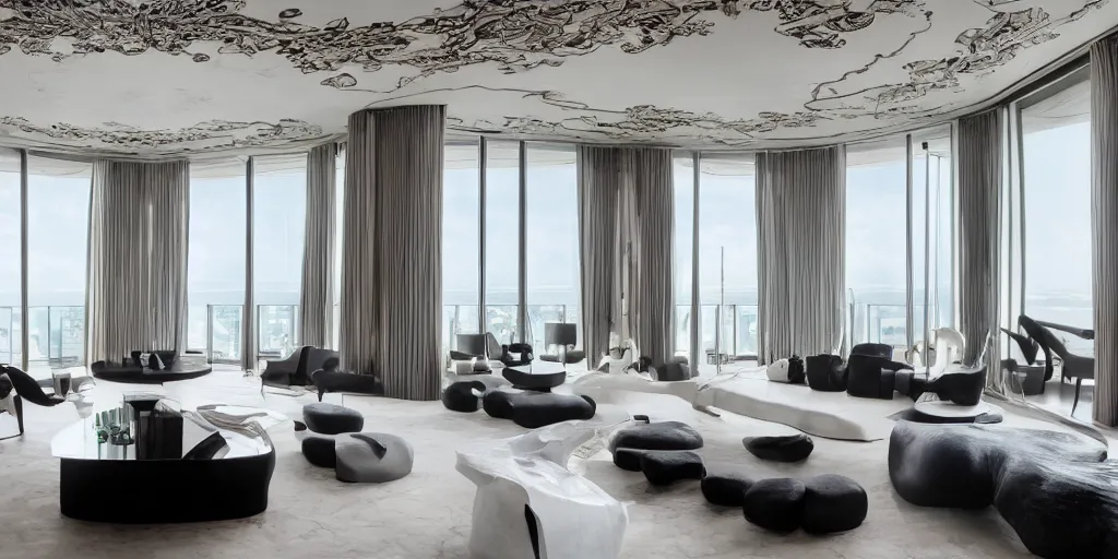 Prompt: A Penthouse apartment in Atlantis with furniture designed by Rei Kawakubo