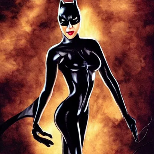 Image similar to High definition, high octane, award winning full body shot of Catwoman posing for the camera and carresing Batman, realistic.