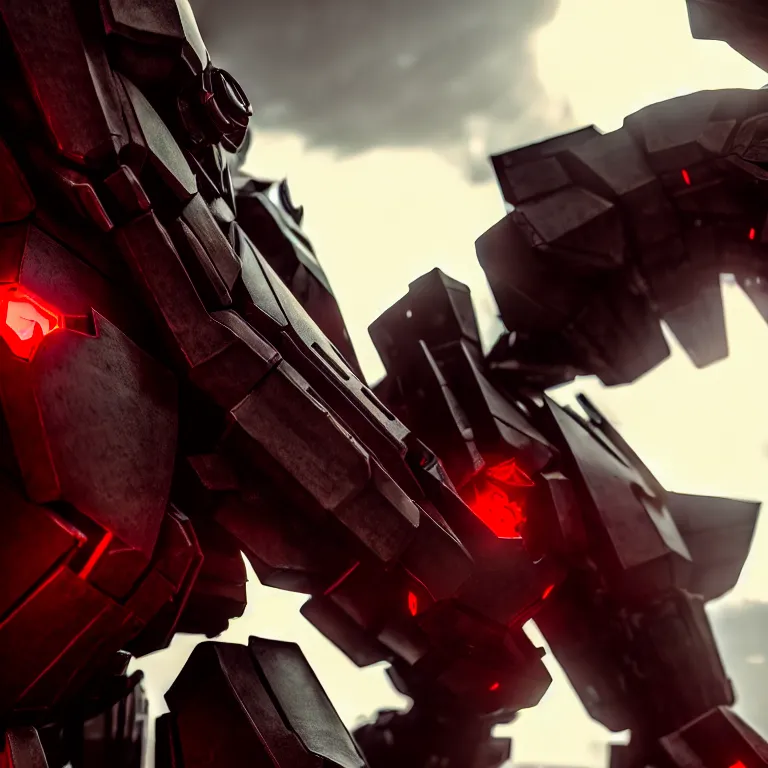 Image similar to hyper detailed 8 k cg cinematic still, rendering with volumetric lightning and ray tracing, crimson skinny full body armored core, weathering armor plating, endoekeleton exposure