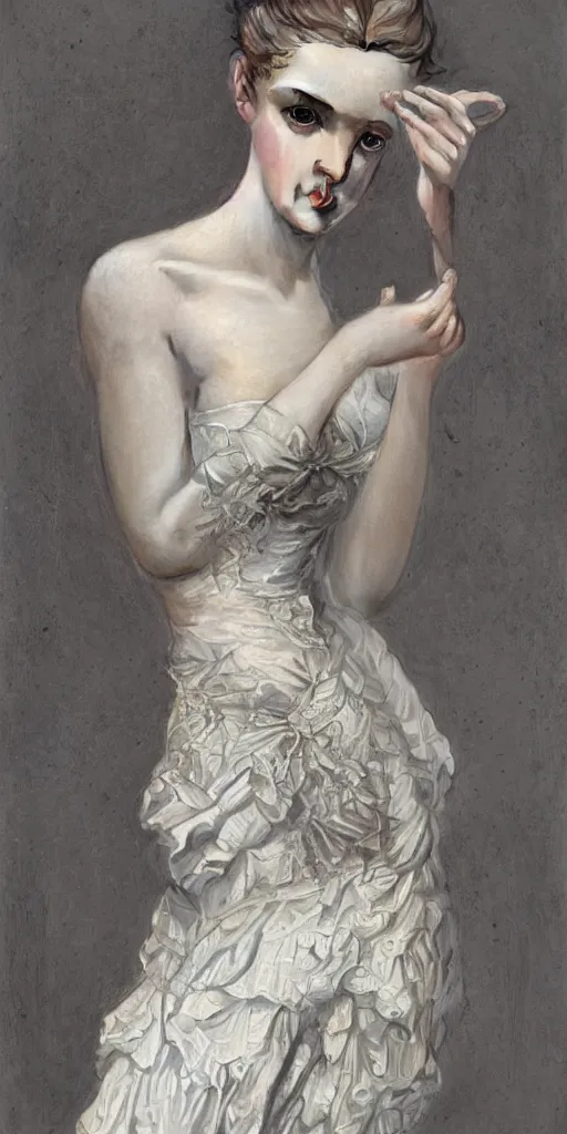 Image similar to a beautiful hyperrealistic portrait pose of a stunning Victorian model in a high-collared grey and white dress looking mournful, intricate, elegant, highly detailed, smooth, sharp focus, award-winning, masterpiece, in the style of Tom Bagshaw, Cedric Peyravernay, Peter Mohrbacher